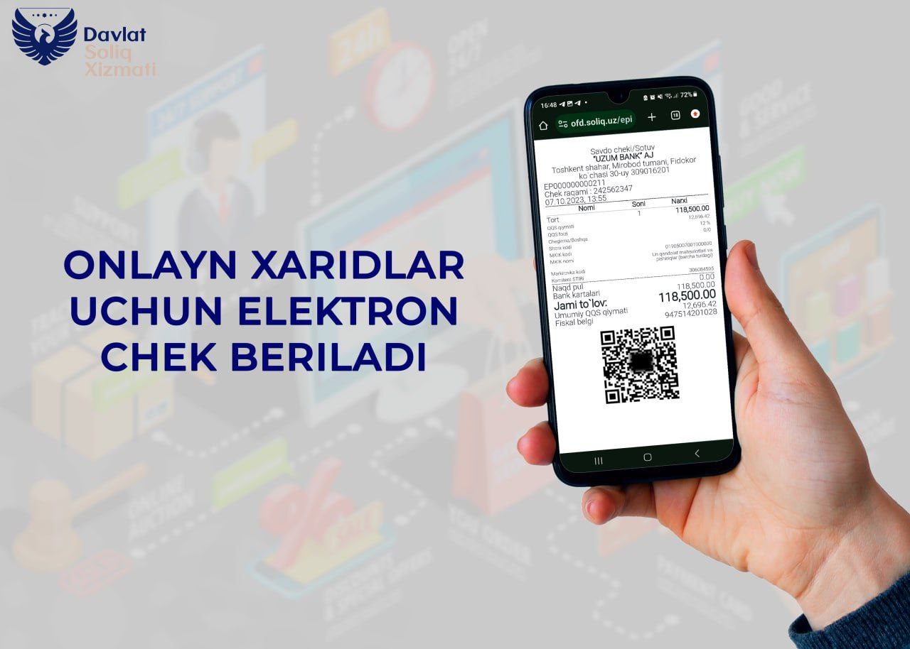 Endilikda onlayn xaridlar uchun elektron chek beriladi