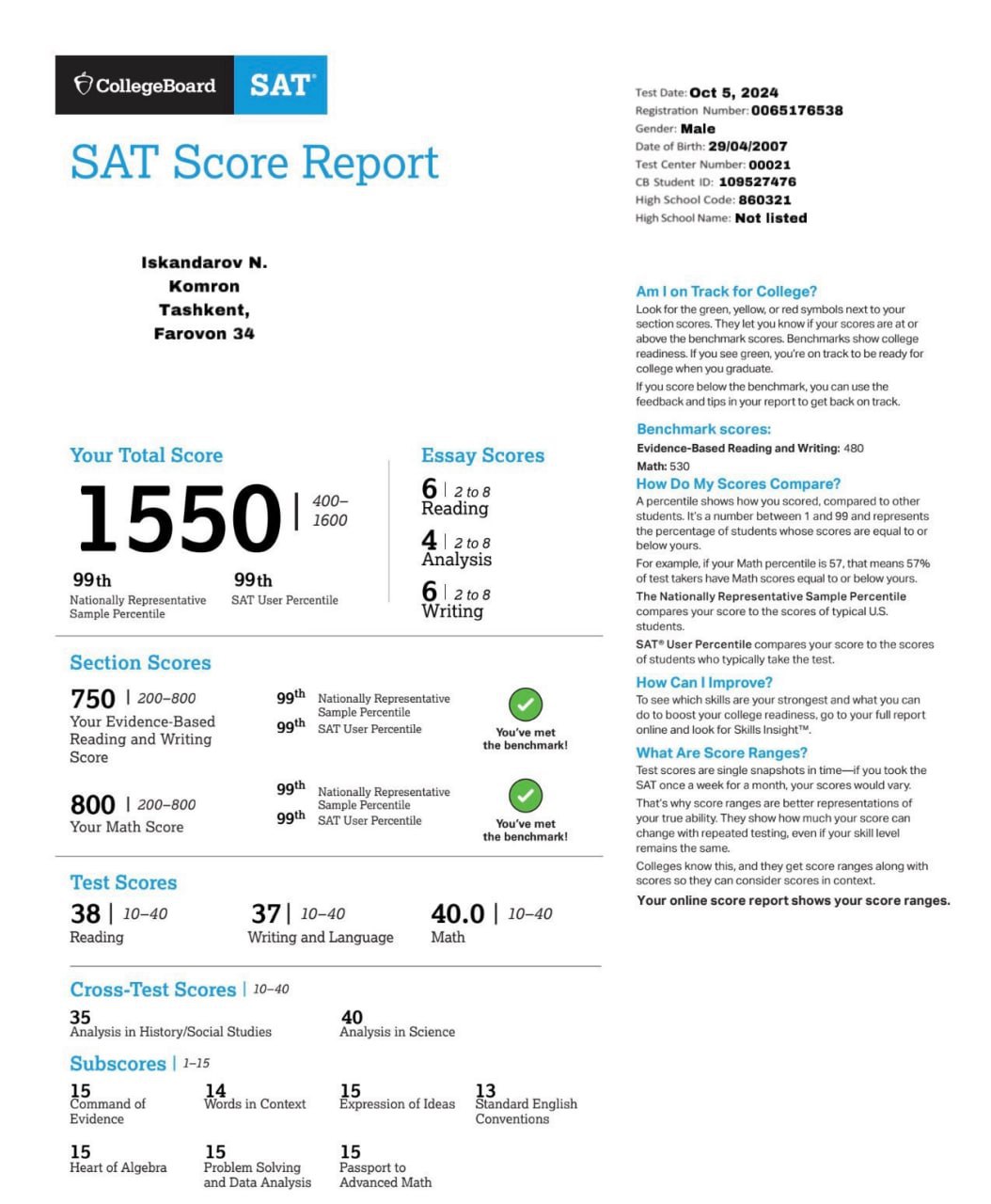 10-sinf o’quvchisi IELTS imtihonidan 8 ball, SAT testlaridan 1550 ballni qo‘lga kiritdi