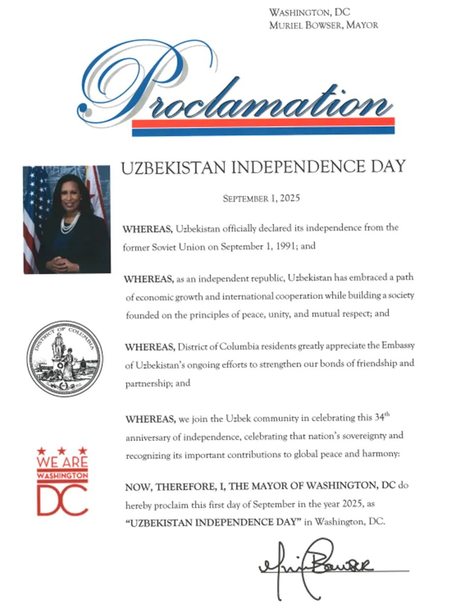 Vashingtonda 1-sentabr – O’zbekiston mustaqilligining 34 yilligi kuni deb e’lon qilindi